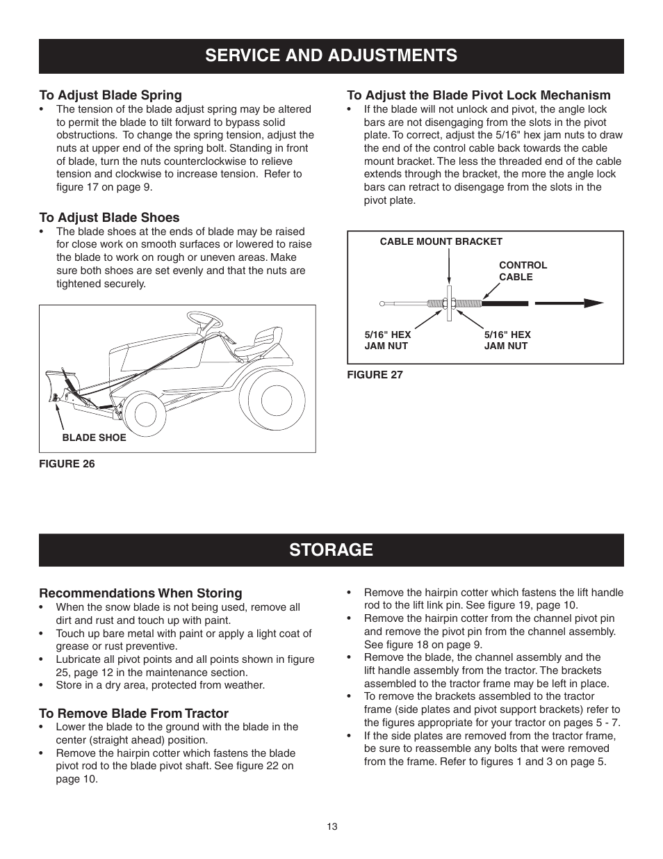 Service and adjustments, Storage | Craftsman SNOW BLADE 486.24441 User Manual | Page 13 / 20