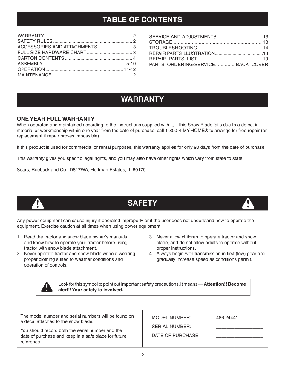 Craftsman SNOW BLADE 486.24441 User Manual | Page 2 / 20