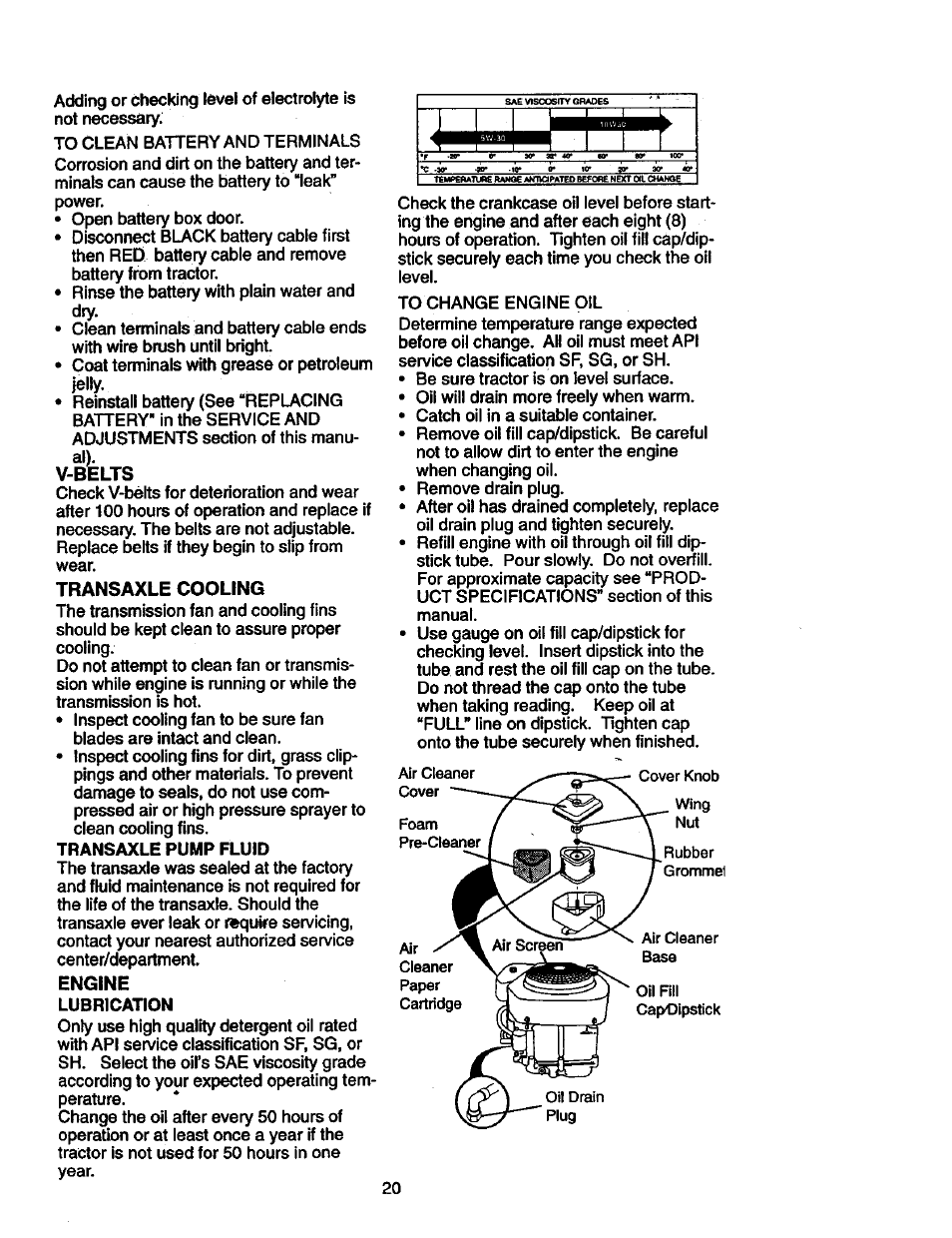 V-belts, Transaxle cooling, Engine | Craftsman 917.271023 User Manual | Page 20 / 60