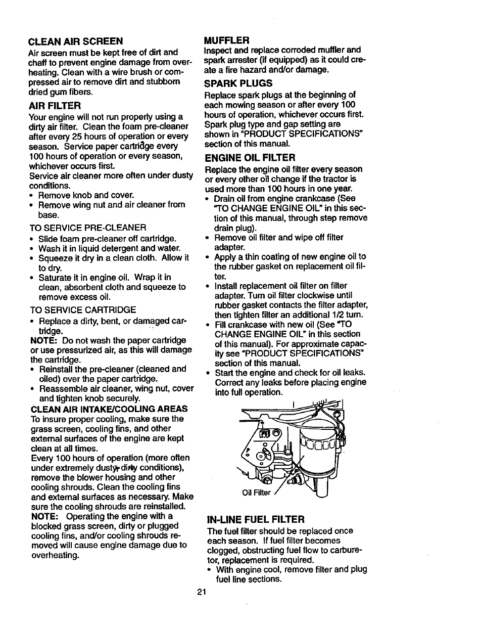 Clean air screen, Air filter, Muffler | Spark plugs, Engine oil filter, In-line fuel filter | Craftsman 917.271023 User Manual | Page 21 / 60