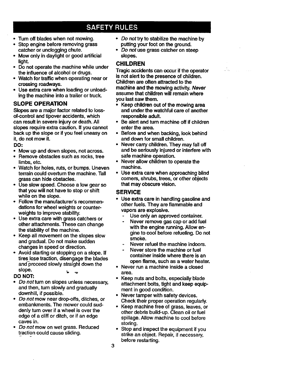 Slope operation, Children, Service | Safety rules | Craftsman 917.271023 User Manual | Page 3 / 60