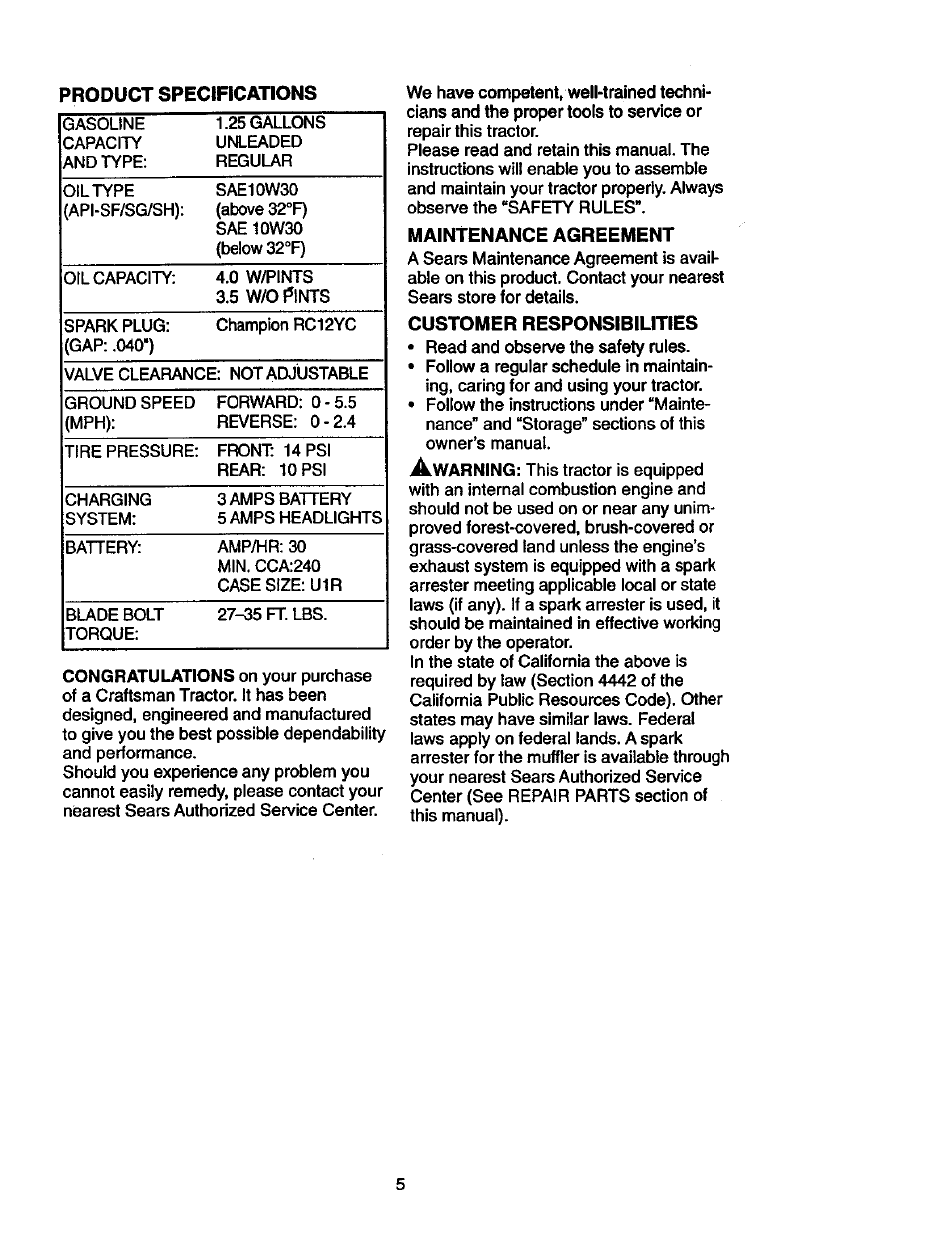 Maintenance agreement, Customer responsibilities | Craftsman 917.271023 User Manual | Page 5 / 60