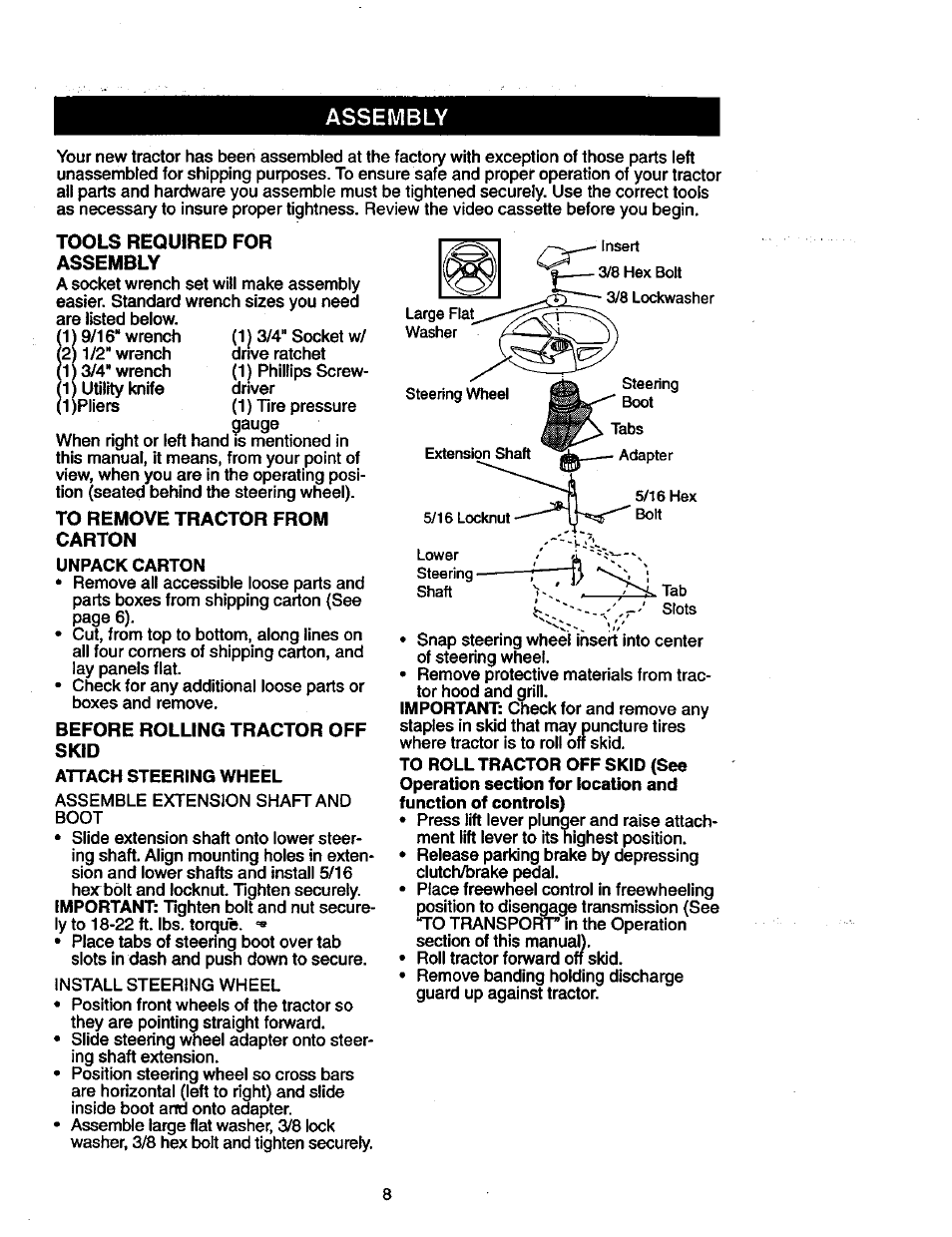 Assembly, Tools required for assembly, To remove tractor from | Carton, Before rolling tractor off skid | Craftsman 917.271023 User Manual | Page 8 / 60