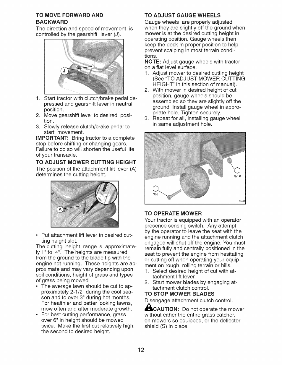 To adjust mower cutting height, To operate mower, To stop mower blades | Craftsman 917.28925 User Manual | Page 12 / 64