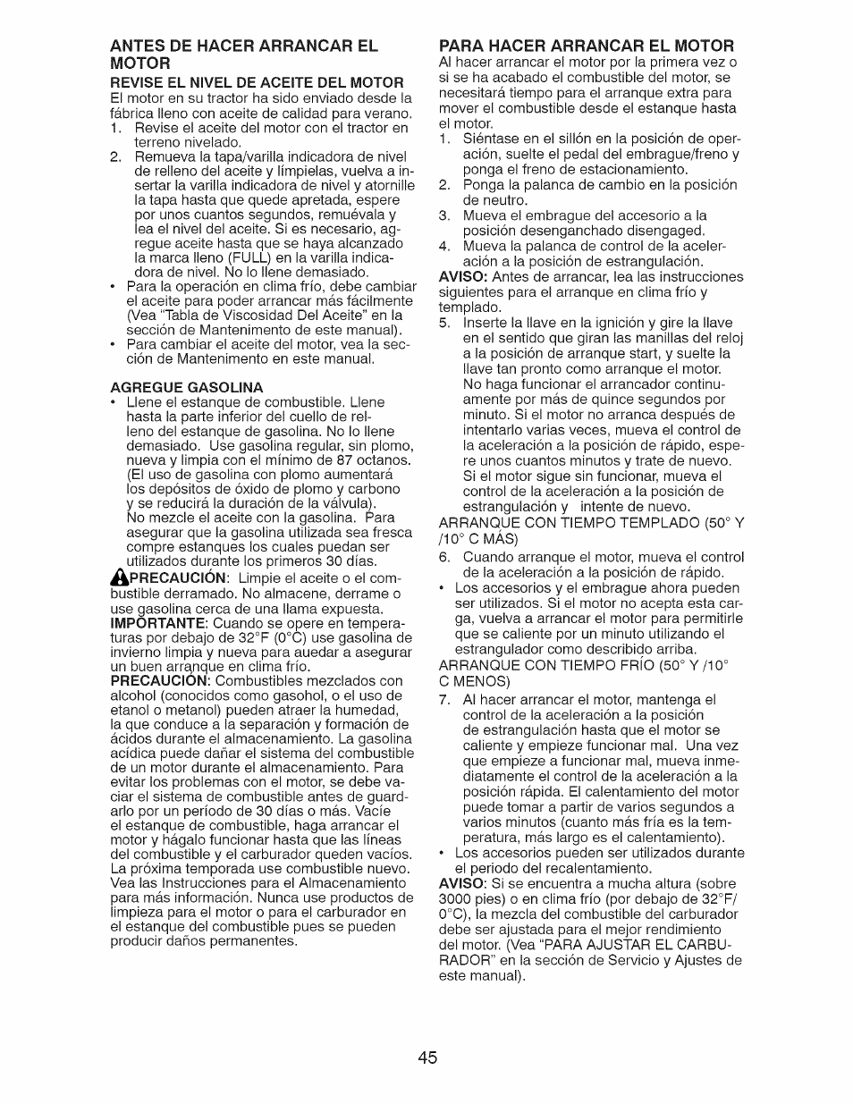 Antes de hacer arrancar el motor, Para hacer arrancar el motor | Craftsman 917.28925 User Manual | Page 45 / 64