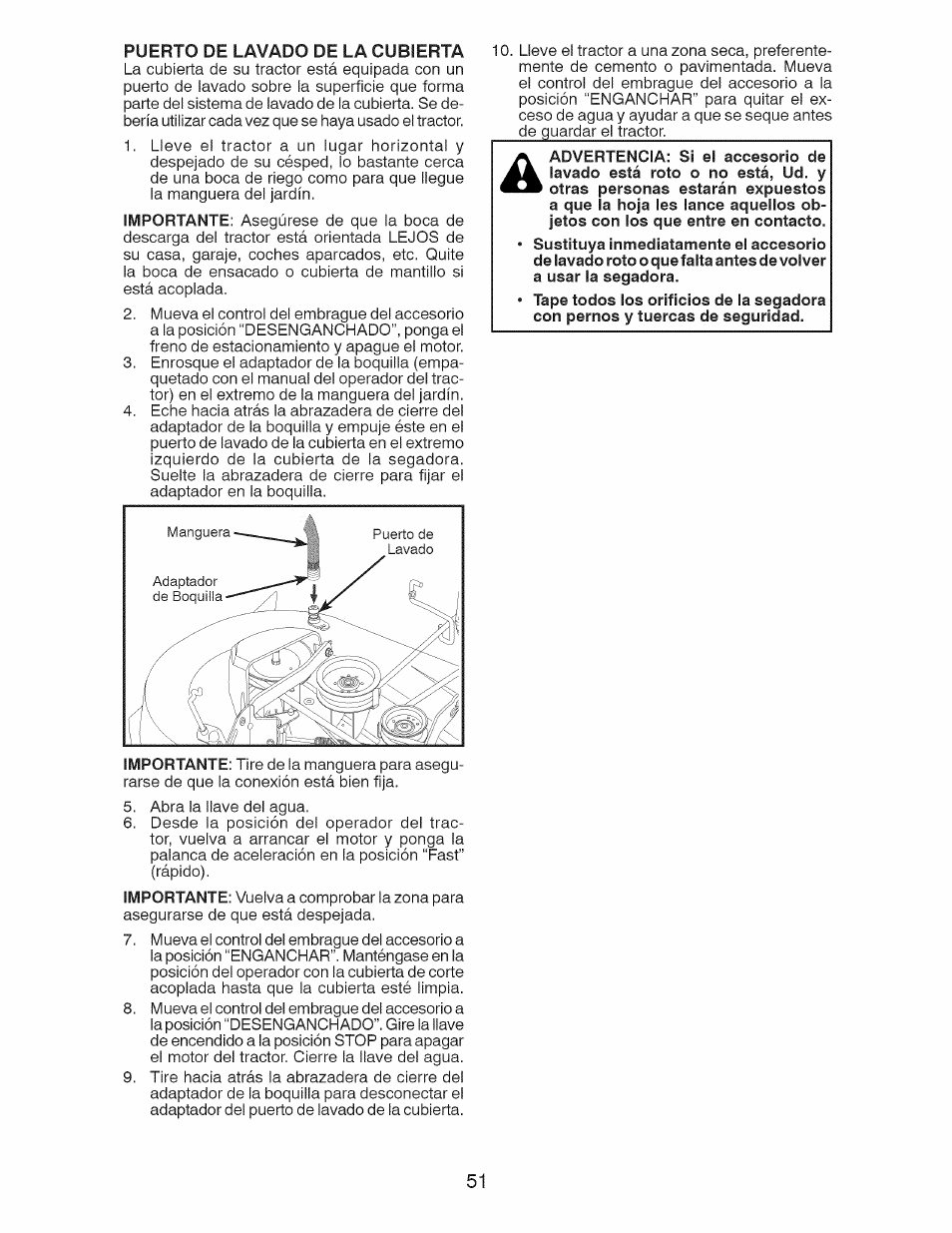 Puerto de lavado de la cubierta | Craftsman 917.28925 User Manual | Page 51 / 64