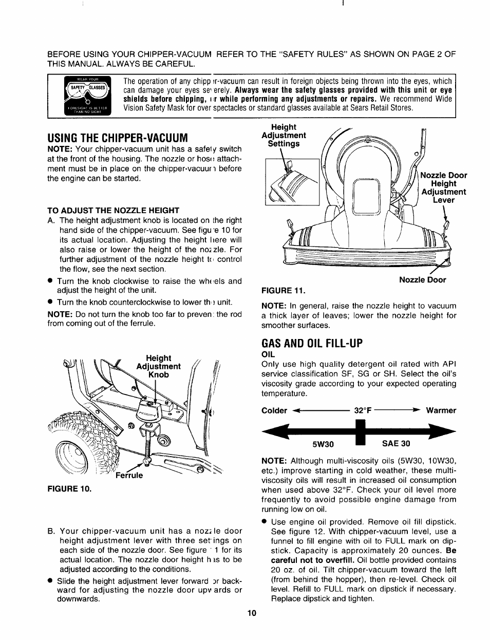 Using the chipper-vacuum, Gas and oil fill-up | Craftsman 247.799620 User Manual | Page 10 / 52