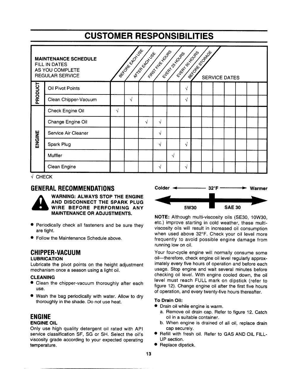 Customer responsibilities, General recommendations, Chipper-vacuum | Engine | Craftsman 247.799620 User Manual | Page 13 / 52