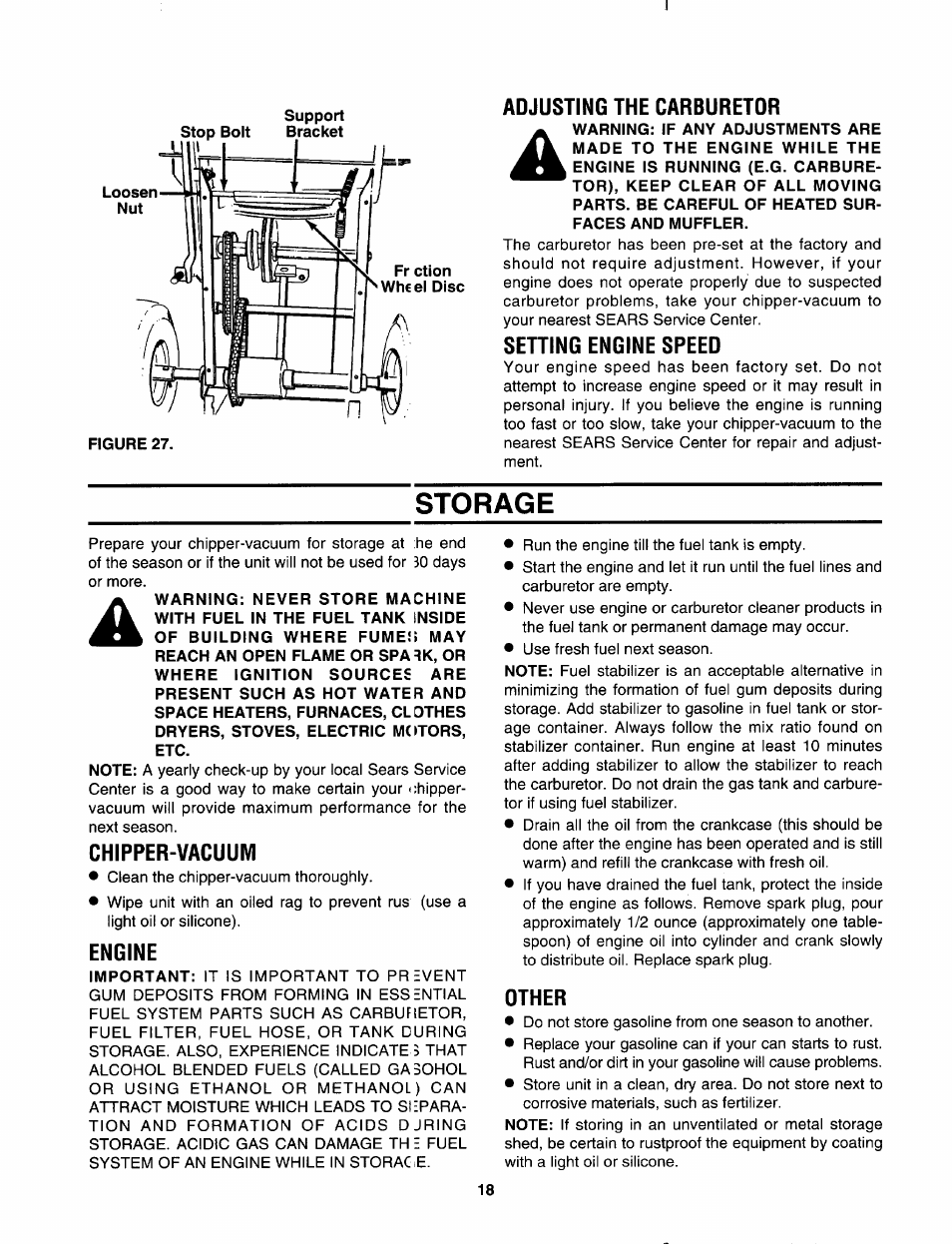 Adjusting the carburetor, Setting engine speed, Storage | Chipper-vacuum, Engine, Other | Craftsman 247.799620 User Manual | Page 18 / 52
