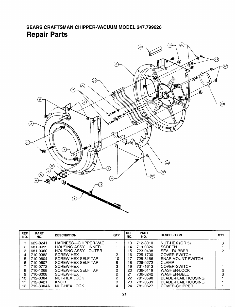Repair parts | Craftsman 247.799620 User Manual | Page 21 / 52