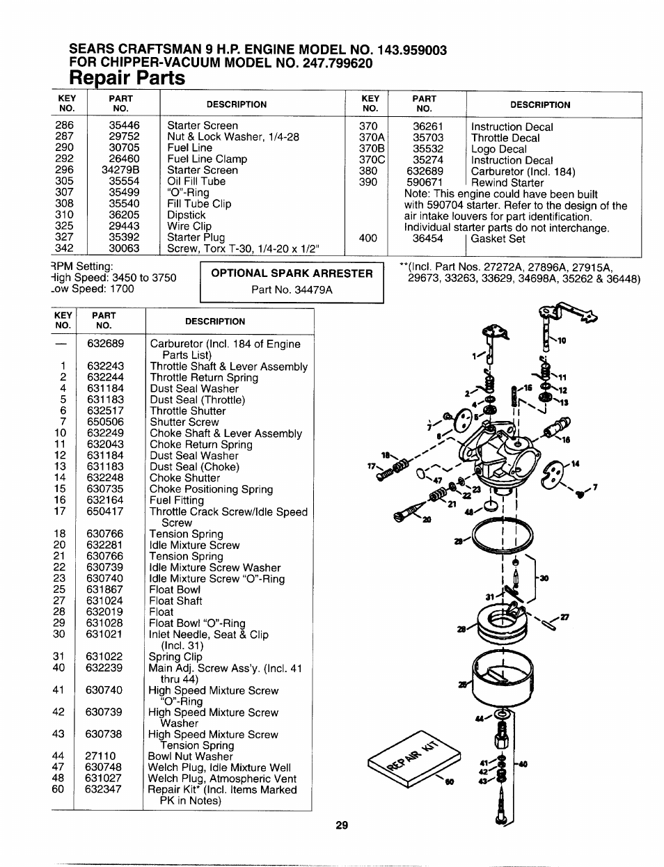 Repair parts, Optional spark arrester | Craftsman 247.799620 User Manual | Page 29 / 52