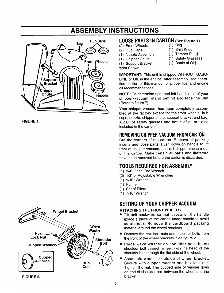 Assemeily instructions, Removing chipper-vacuum from carton, Tools required for assembly | Setting-up your chipper-vacuum, Loose parts in carton | Craftsman 247.799620 User Manual | Page 6 / 52