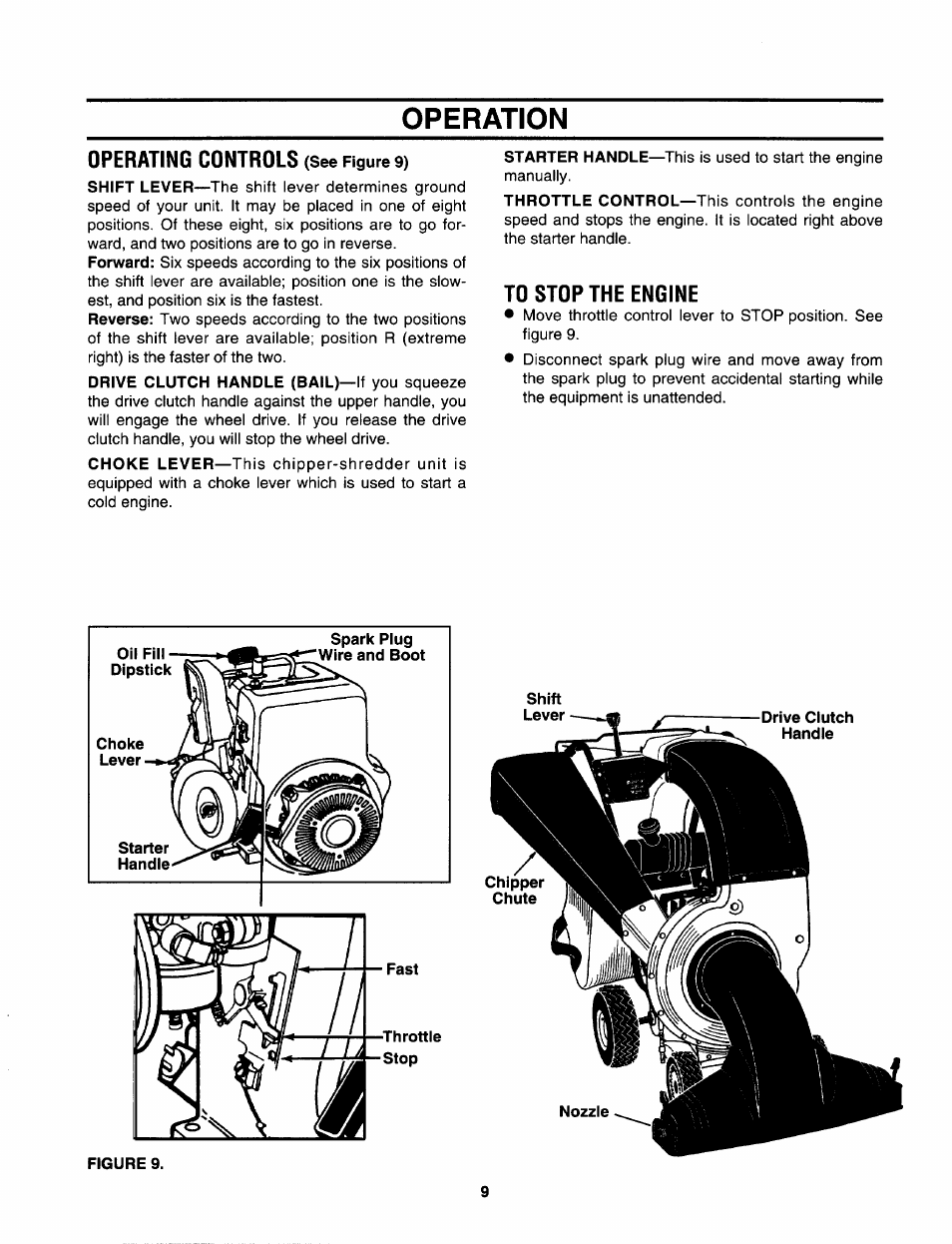 Operation, Operating controls (see figure 9), To stop the engine | Operating controls | Craftsman 247.799620 User Manual | Page 9 / 52