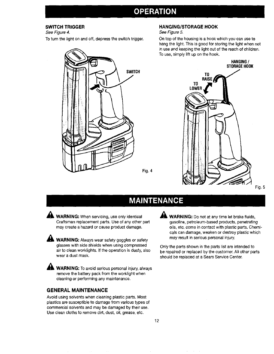 Switch trigger, Hanging/storage hook, Maintenance | Operation | Craftsman 315.114073 User Manual | Page 12 / 15