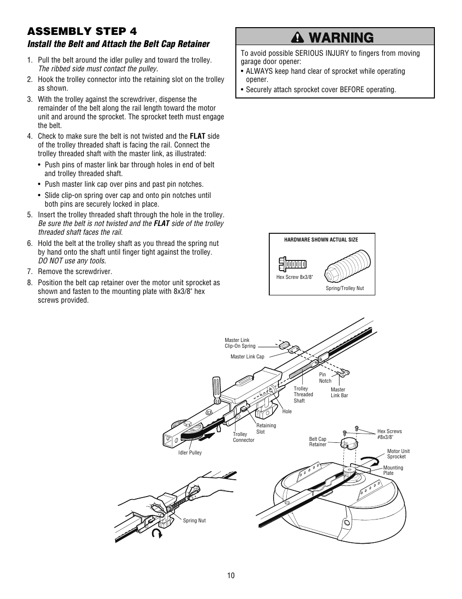 Install the belt and attach the belt cap retainer, Assembly step 4 | Craftsman 139.53915D User Manual | Page 10 / 76