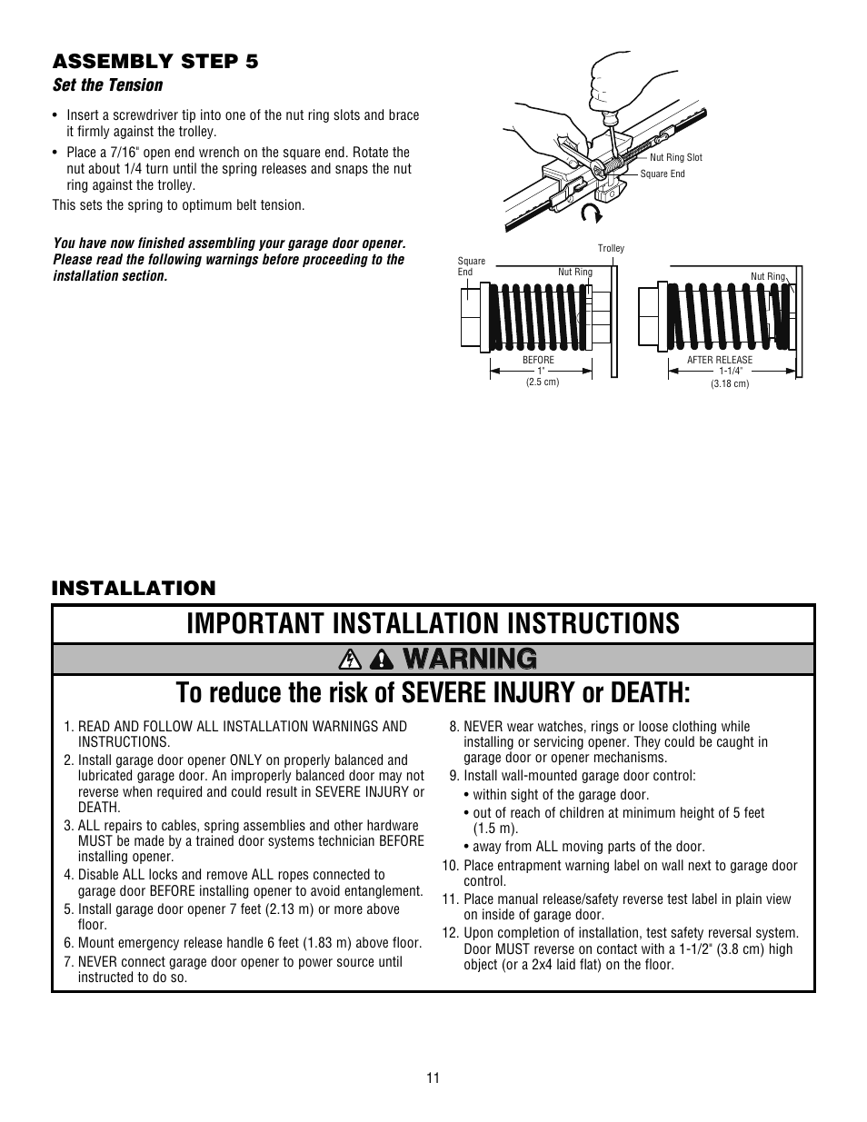 Set the tension, Installation, Installation assembly step 5 | Craftsman 139.53915D User Manual | Page 11 / 76