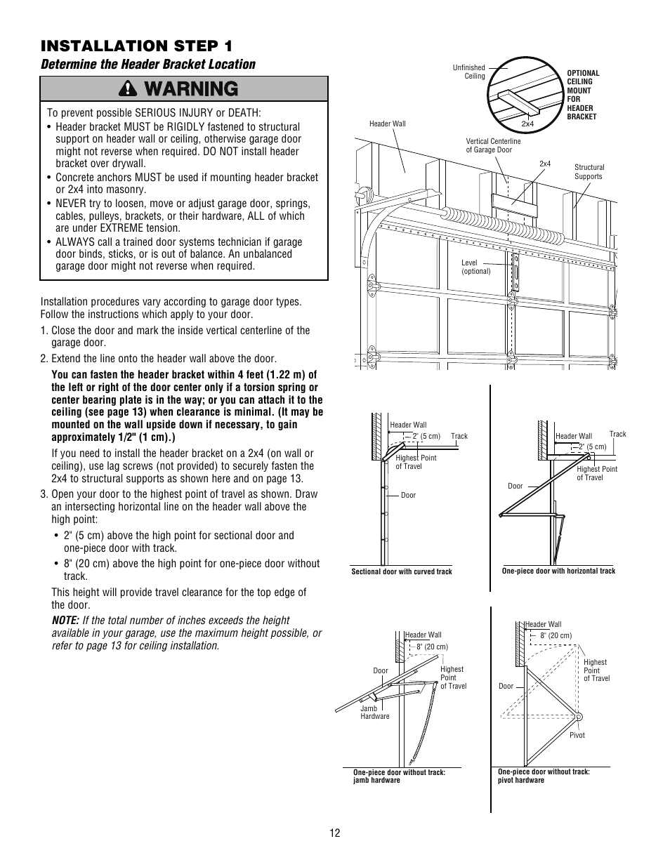 Determine the header bracket location, Installation step 1 | Craftsman 139.53915D User Manual | Page 12 / 76