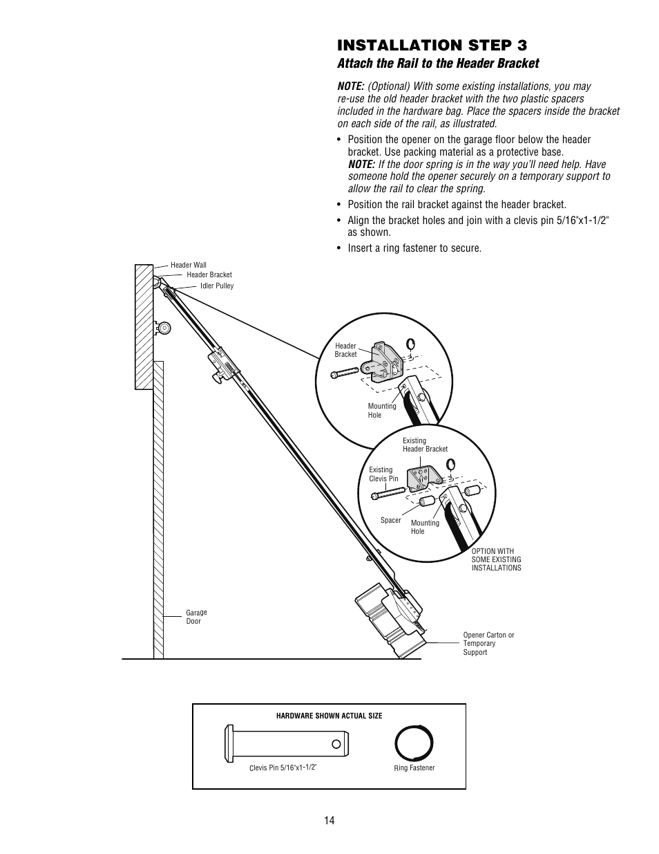 Attach the rail to the header bracket, Installation step 3 | Craftsman 139.53915D User Manual | Page 14 / 76