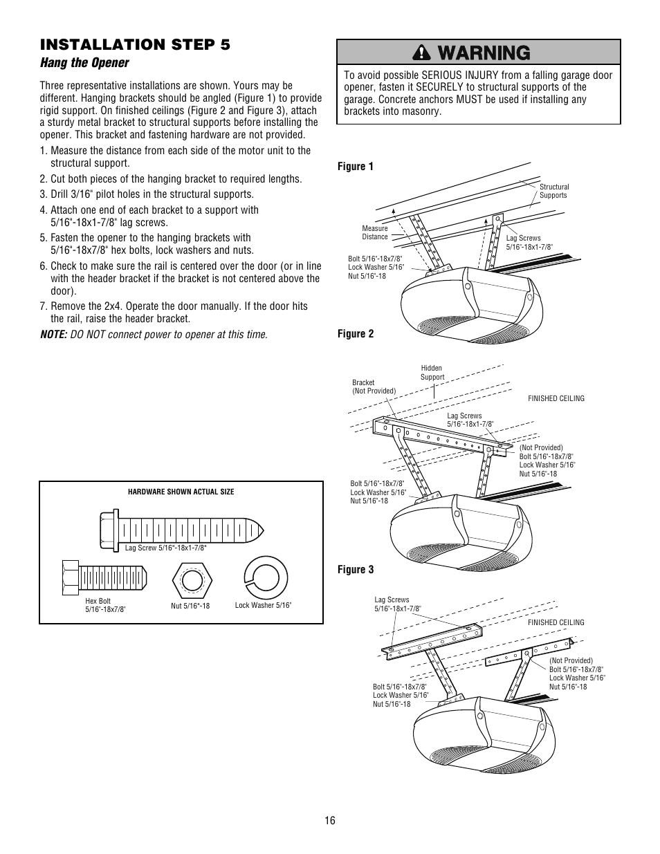 Hang the opener, Installation step 5 | Craftsman 139.53915D User Manual | Page 16 / 76