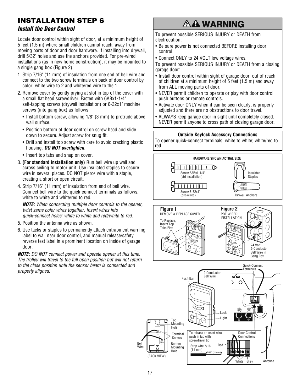 Install the door control, Installation step 6, Figure 1 figure 2 | Craftsman 139.53915D User Manual | Page 17 / 76