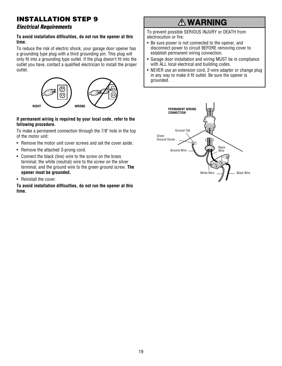 Electrical requirements, Installation step 9 | Craftsman 139.53915D User Manual | Page 19 / 76