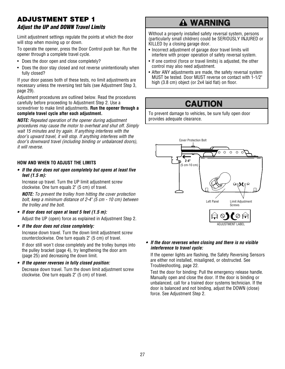 Adjustment, Adjust the up and down travel limits, Adjustment step 1 | Craftsman 139.53915D User Manual | Page 27 / 76