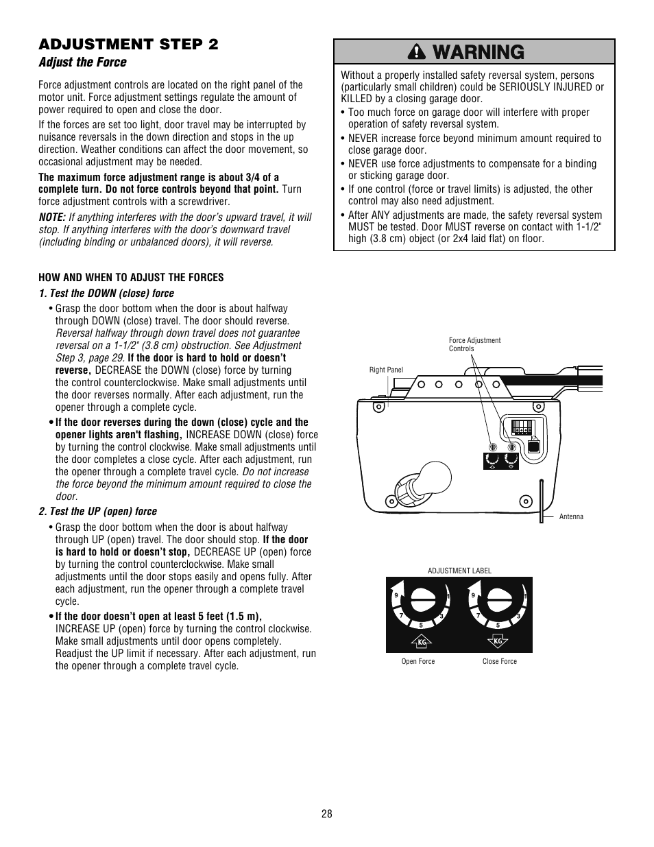 Adjust the force, Adjustment step 2 | Craftsman 139.53915D User Manual | Page 28 / 76