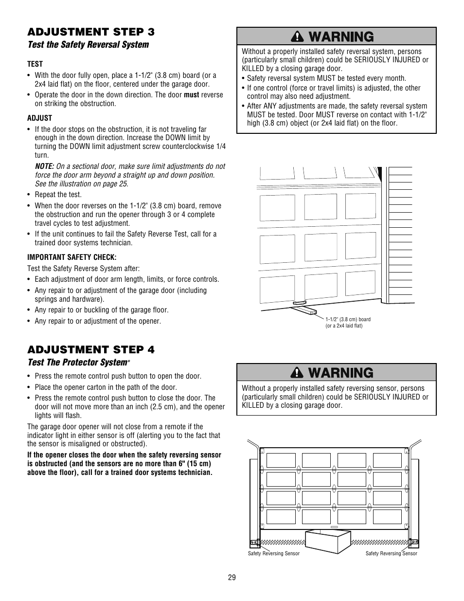 Test the safety reversal system, Test the protector system, Adjustment step 3 | Adjustment step 4 | Craftsman 139.53915D User Manual | Page 29 / 76