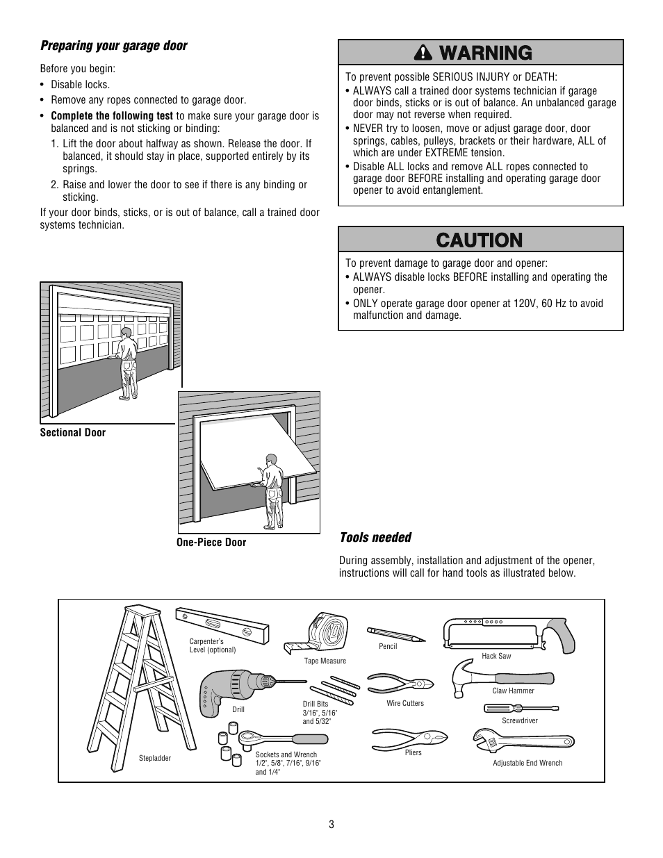 Preparing your garage door, Tools needed | Craftsman 139.53915D User Manual | Page 3 / 76