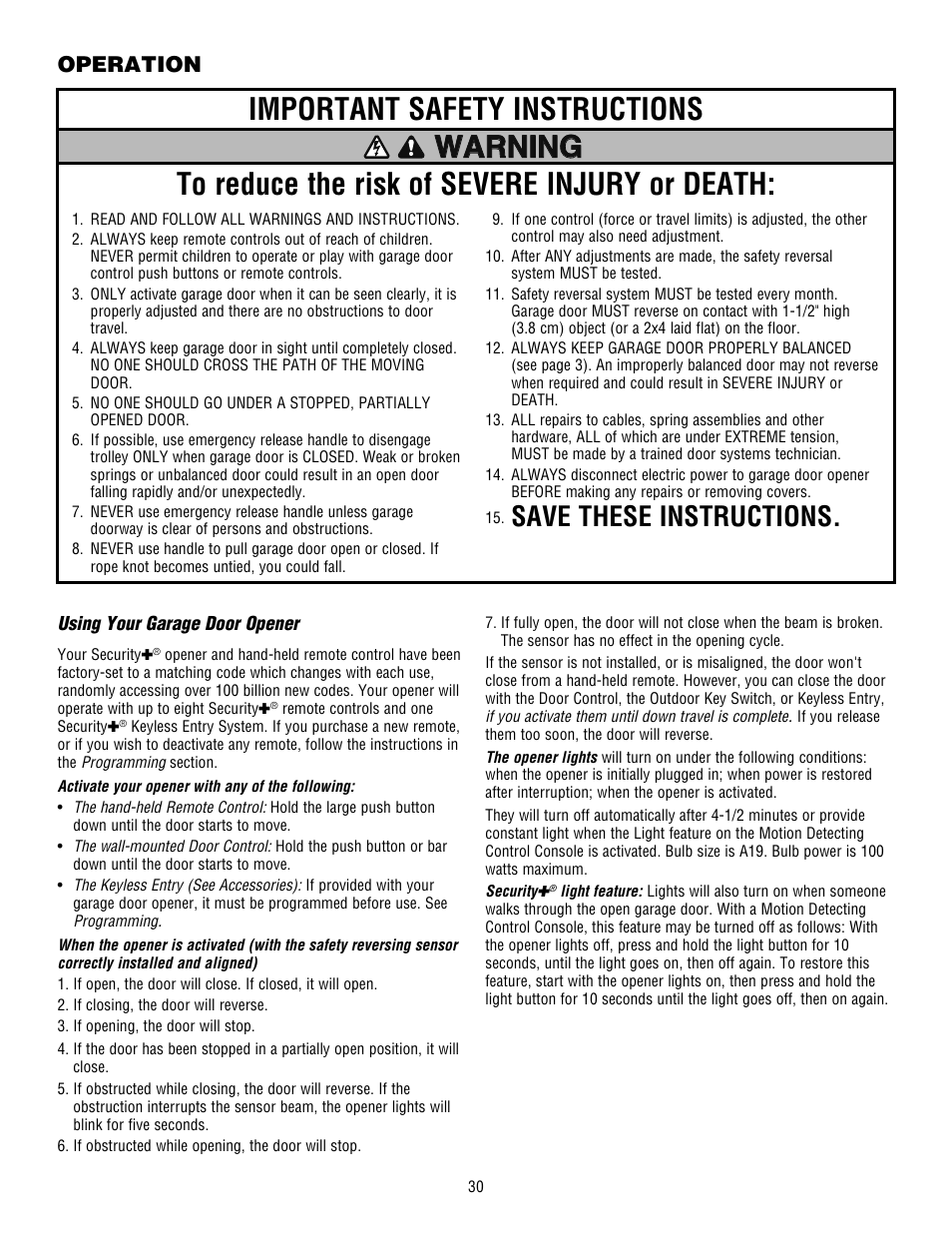 Operation, Using your garage door opener, Save these instructions | Craftsman 139.53915D User Manual | Page 30 / 76