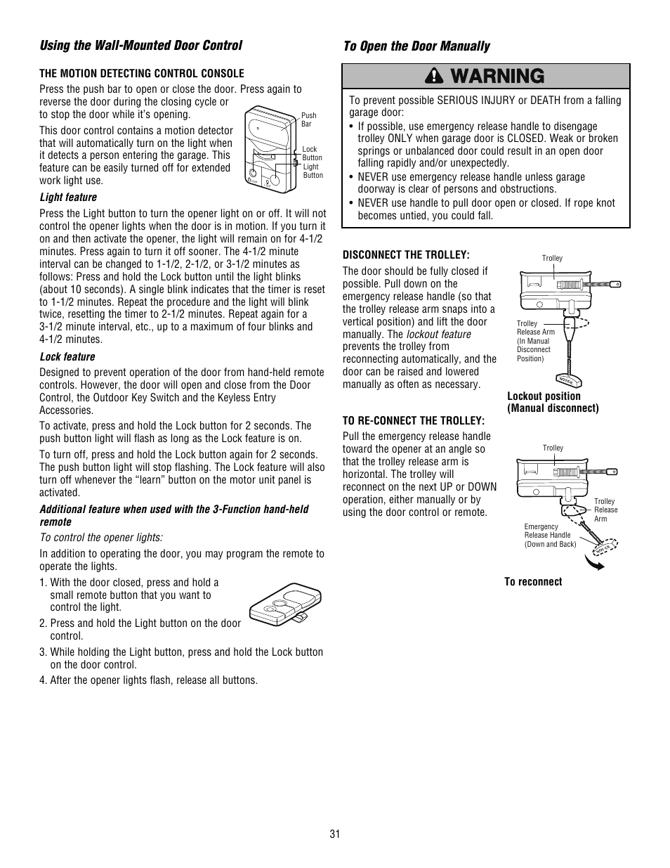 Using the wall-mounted door control, To open the door manually | Craftsman 139.53915D User Manual | Page 31 / 76