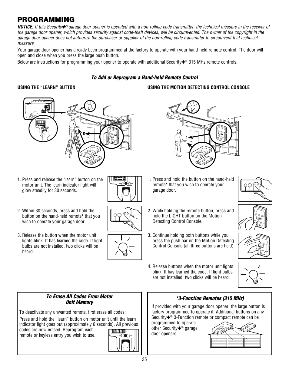 Programming, To add or reprogram a hand-held remote control, To erase all codes from motor unit memory | Function remotes (315 mhz) | Craftsman 139.53915D User Manual | Page 35 / 76