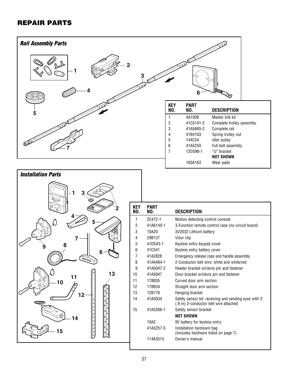 Repair parts, Rail assembly parts, Installation parts | Craftsman 139.53915D User Manual | Page 37 / 76