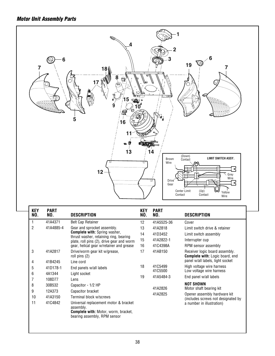 Motor unit assembly parts | Craftsman 139.53915D User Manual | Page 38 / 76