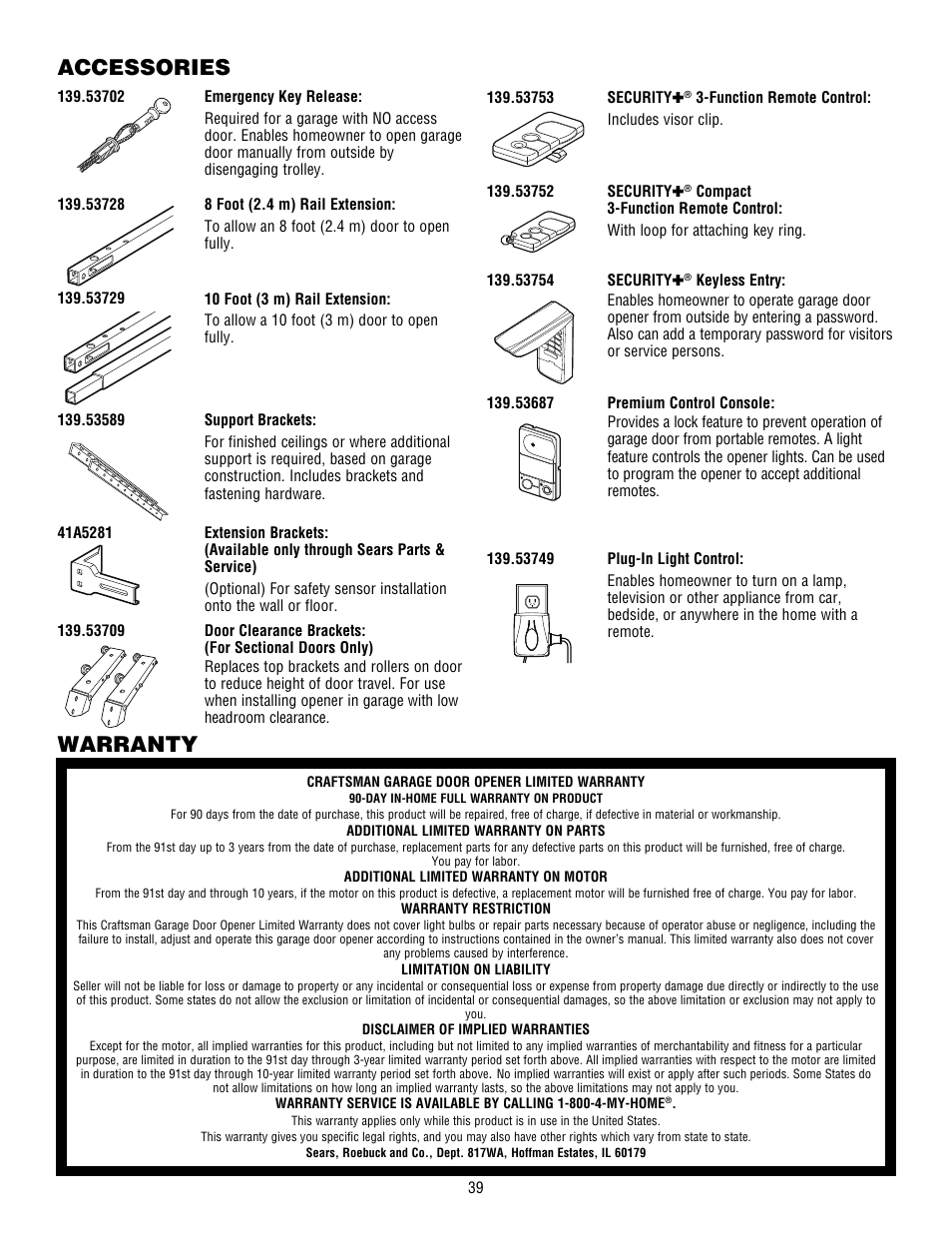 Warranty, Accessories, Accessories warranty | Craftsman 139.53915D User Manual | Page 39 / 76