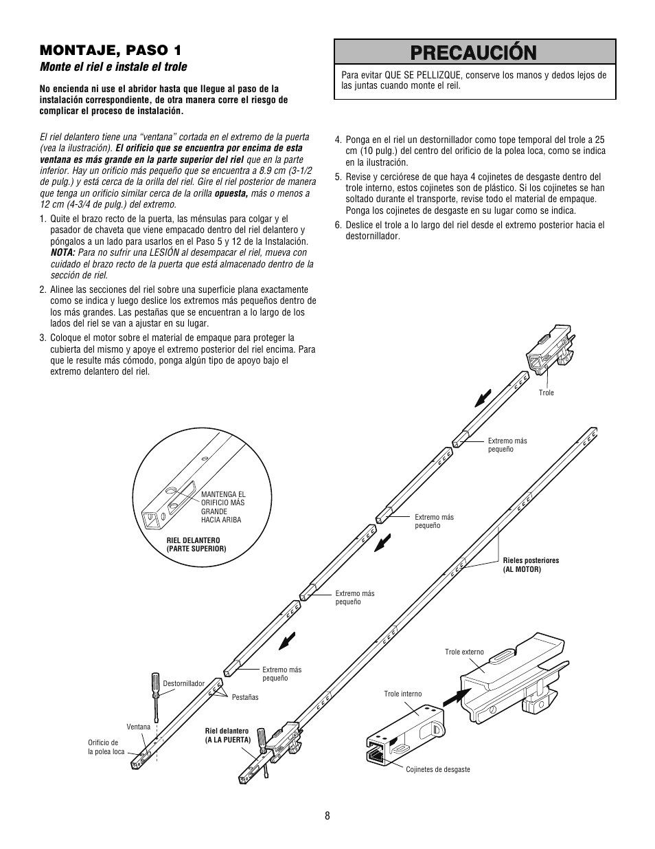 Precaución, Montaje, paso 1, Monte el riel e instale el trole | Craftsman 139.53915D User Manual | Page 46 / 76