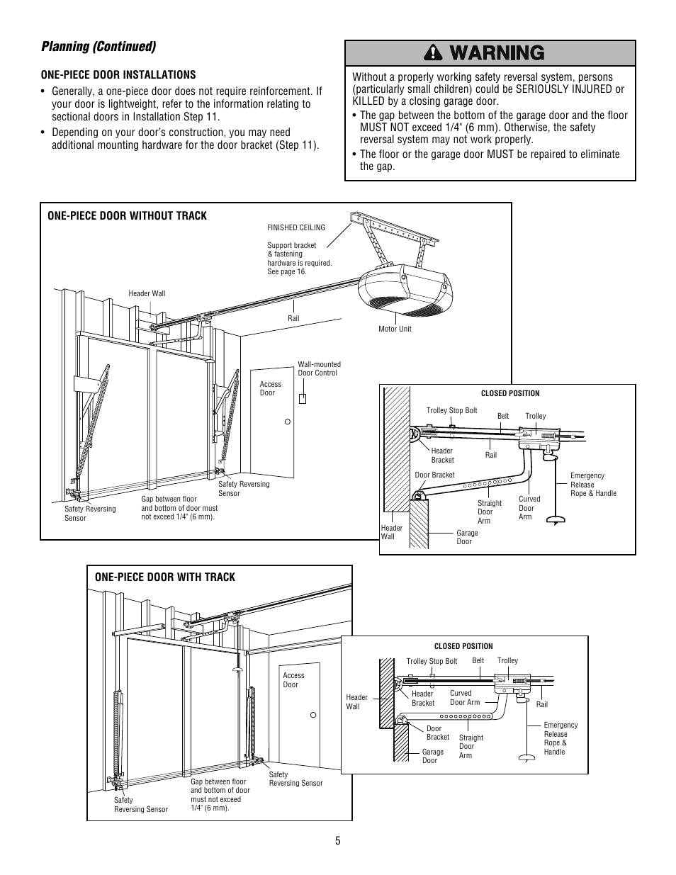 Planning (continued), One-piece door without track | Craftsman 139.53915D User Manual | Page 5 / 76
