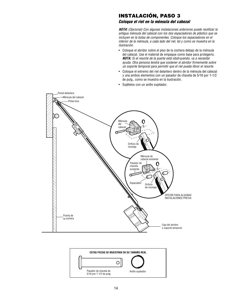 Instalación, paso 3, Coloque el riel en la ménsula del cabezal | Craftsman 139.53915D User Manual | Page 52 / 76