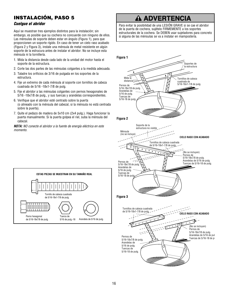 Advertencia, Instalación, paso 5, Cuelgue el abridor | Craftsman 139.53915D User Manual | Page 54 / 76