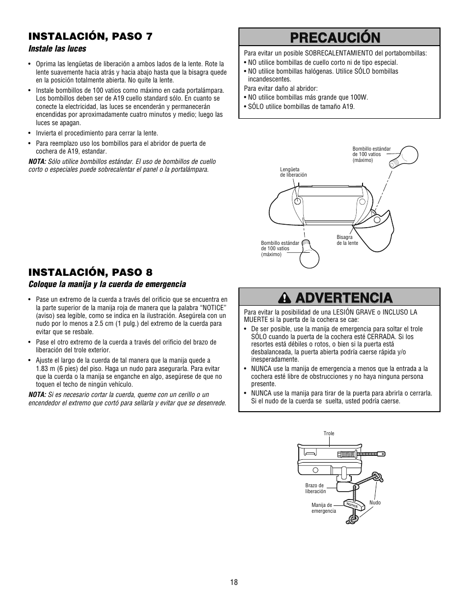 Advertencia, Precaución, Instalación, paso 7 | Instalación, paso 8 | Craftsman 139.53915D User Manual | Page 56 / 76