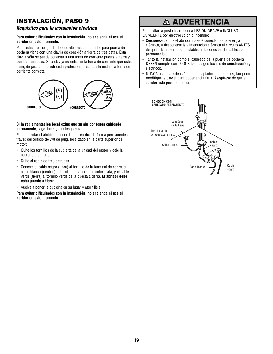 Iadver encia advertencia advertencia, Instalación, paso 9 | Craftsman 139.53915D User Manual | Page 57 / 76