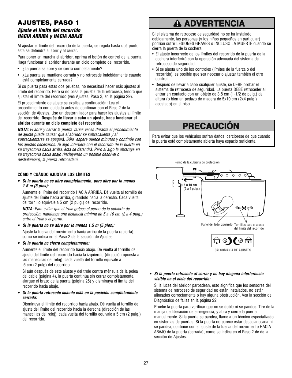 Precaución, Precaución advertencia advertencia advertencia, Ajustes, paso 1 | Craftsman 139.53915D User Manual | Page 65 / 76