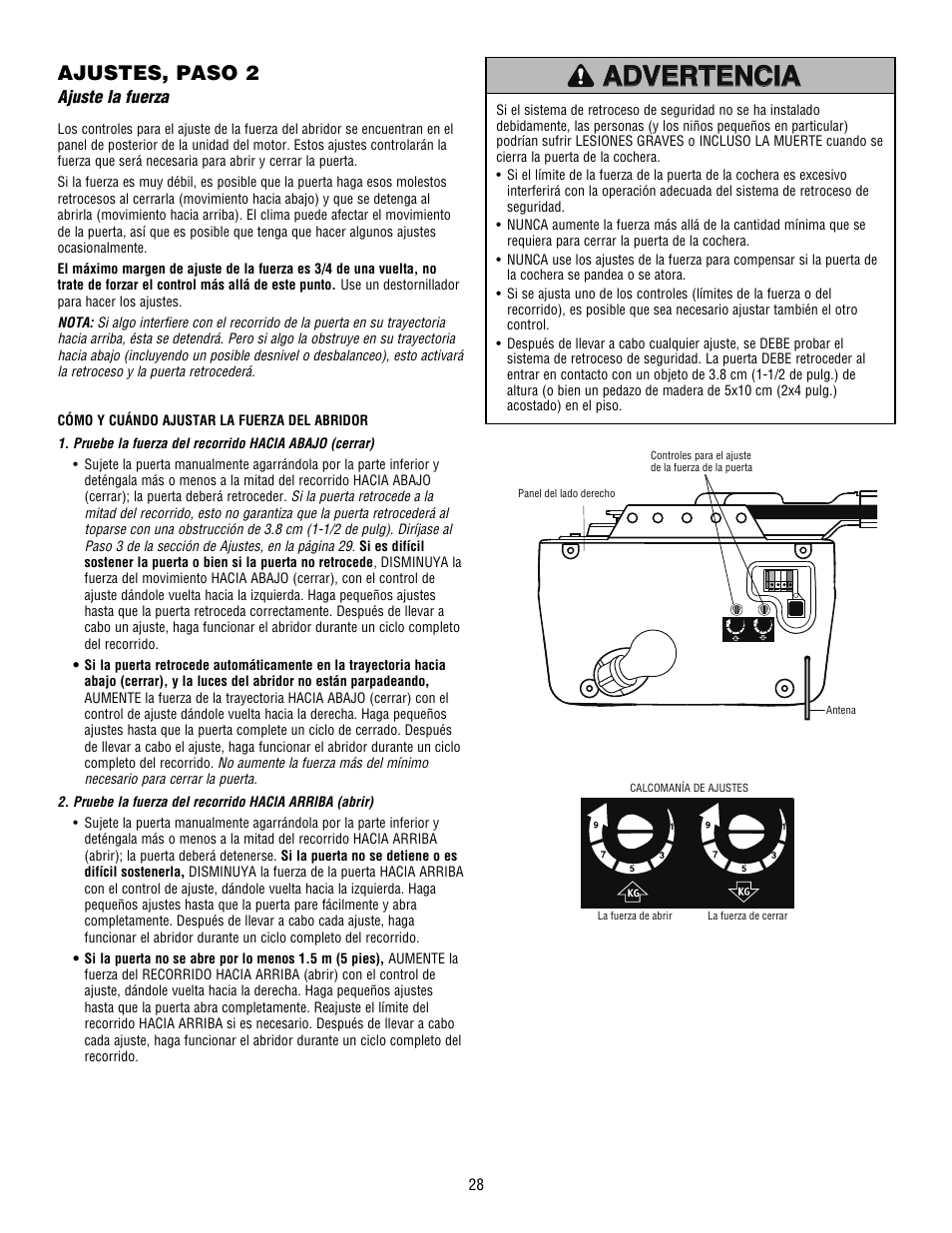 Advertencia, Ajustes, paso 2, Ajuste la fuerza | Craftsman 139.53915D User Manual | Page 66 / 76