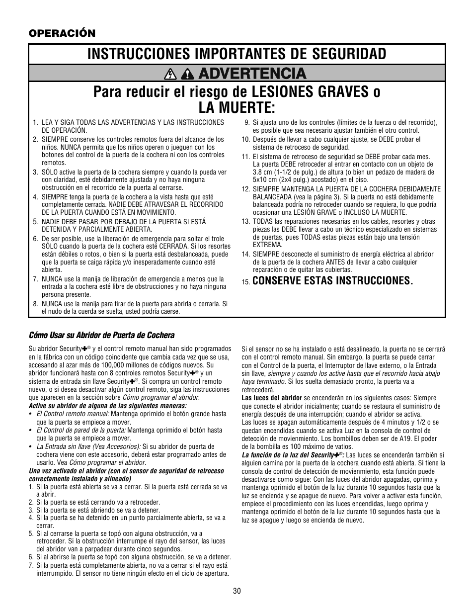 Conserve estas instrucciones, Operación | Craftsman 139.53915D User Manual | Page 68 / 76