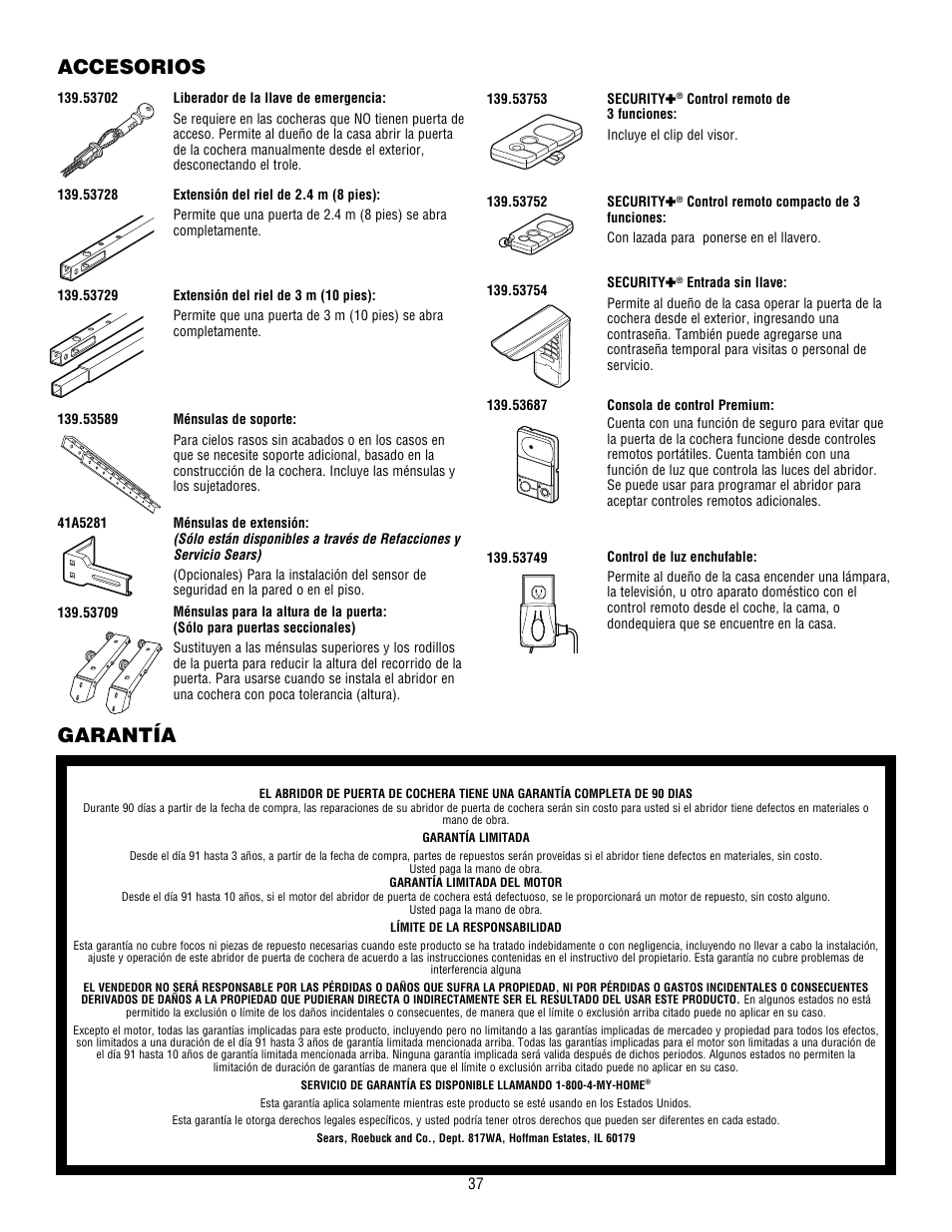 Garantía, Accesorios | Craftsman 139.53915D User Manual | Page 75 / 76