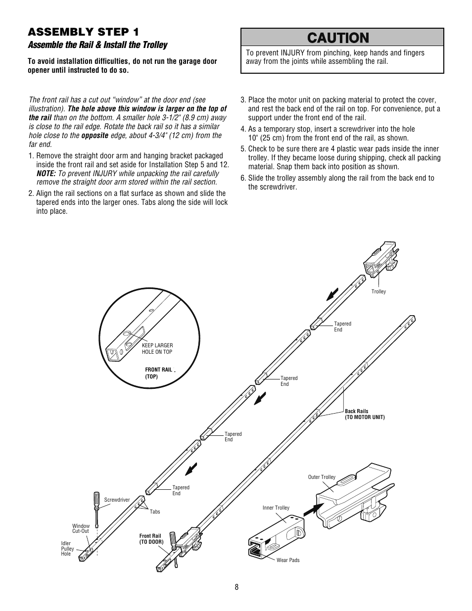 Assembly, Assemble the rail & install the trolley, Assembly step 1 | Craftsman 139.53915D User Manual | Page 8 / 76