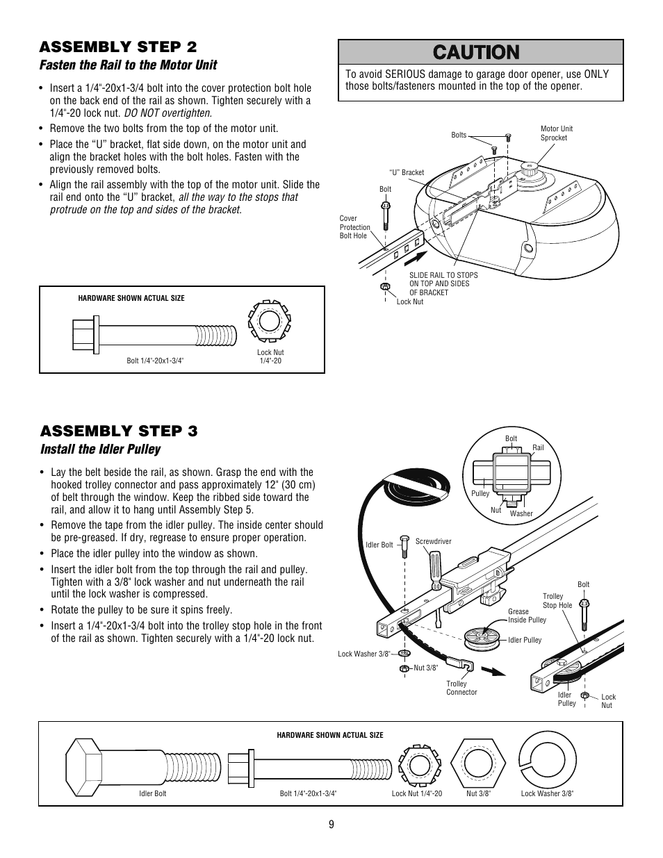 Fasten the rail to the motor unit, Install the idler pulley, Assembly step 2 | Assembly step 3 | Craftsman 139.53915D User Manual | Page 9 / 76