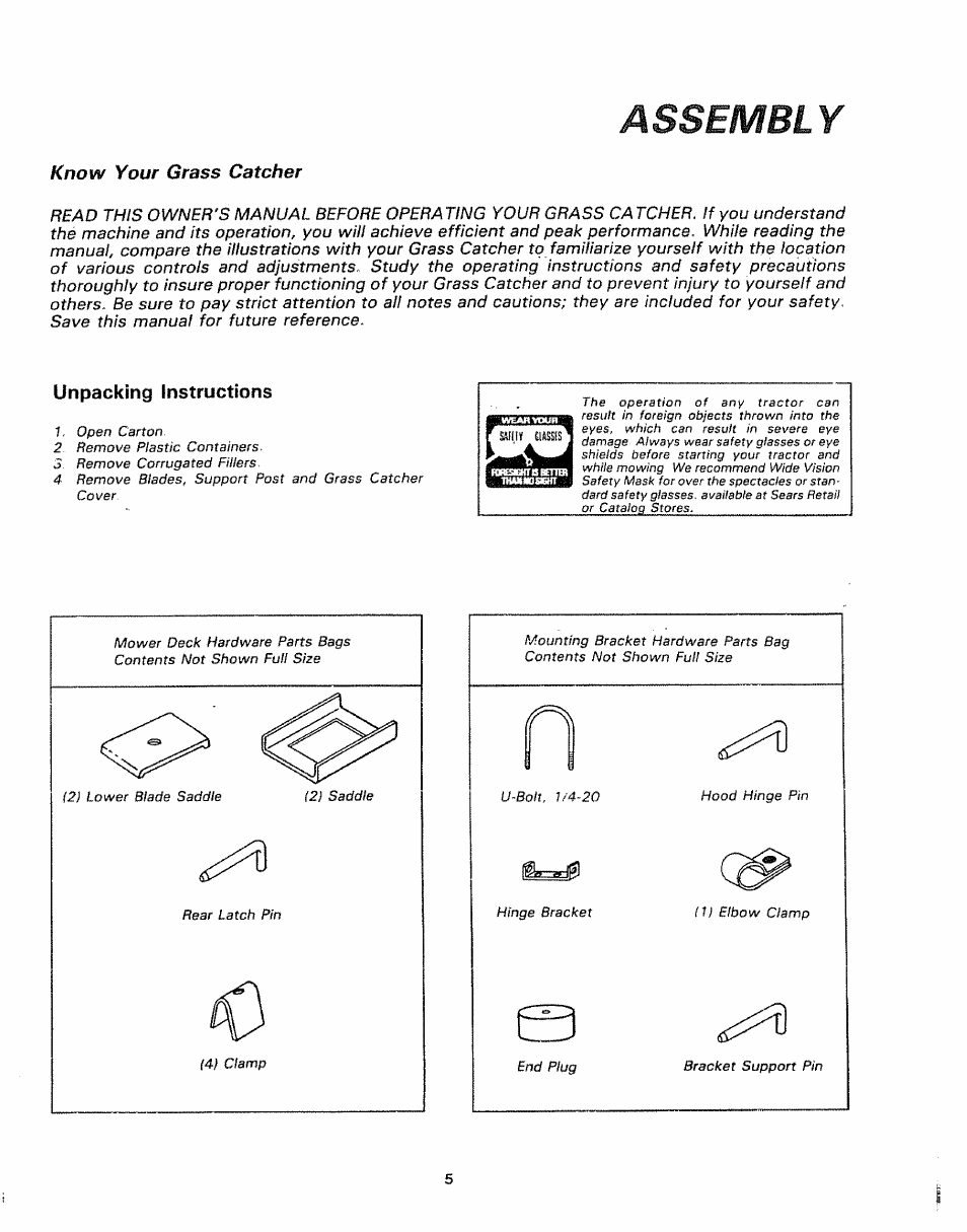 Unpacking instructions, Ass em bl, Know your grass catcher | Craftsman 917.249392 User Manual | Page 5 / 20