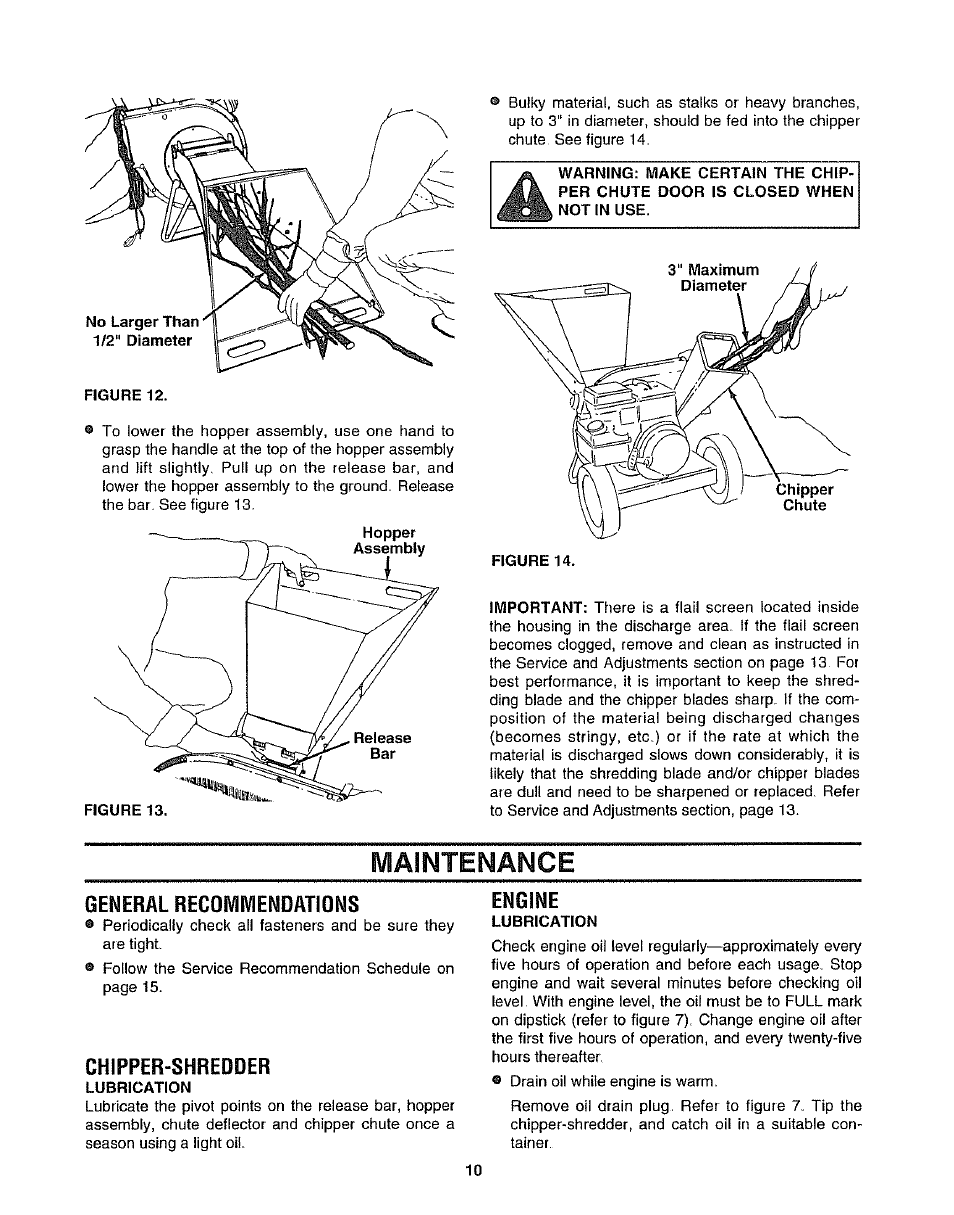 General recoivimenoations, Chipper-shredder, Engine | Maintenance | Craftsman 247.797852 User Manual | Page 10 / 24