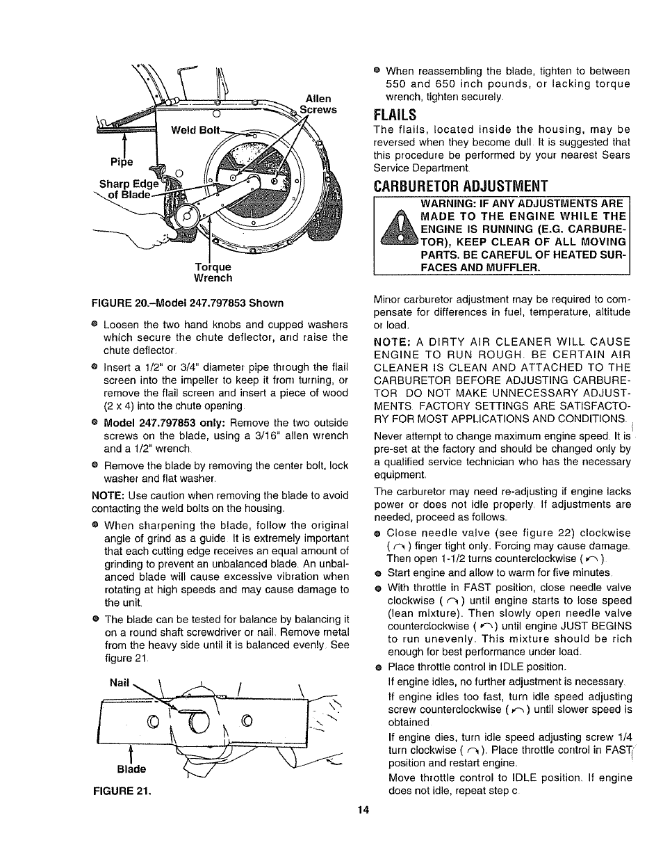 Flails, Carburetor adjustment | Craftsman 247.797852 User Manual | Page 14 / 24